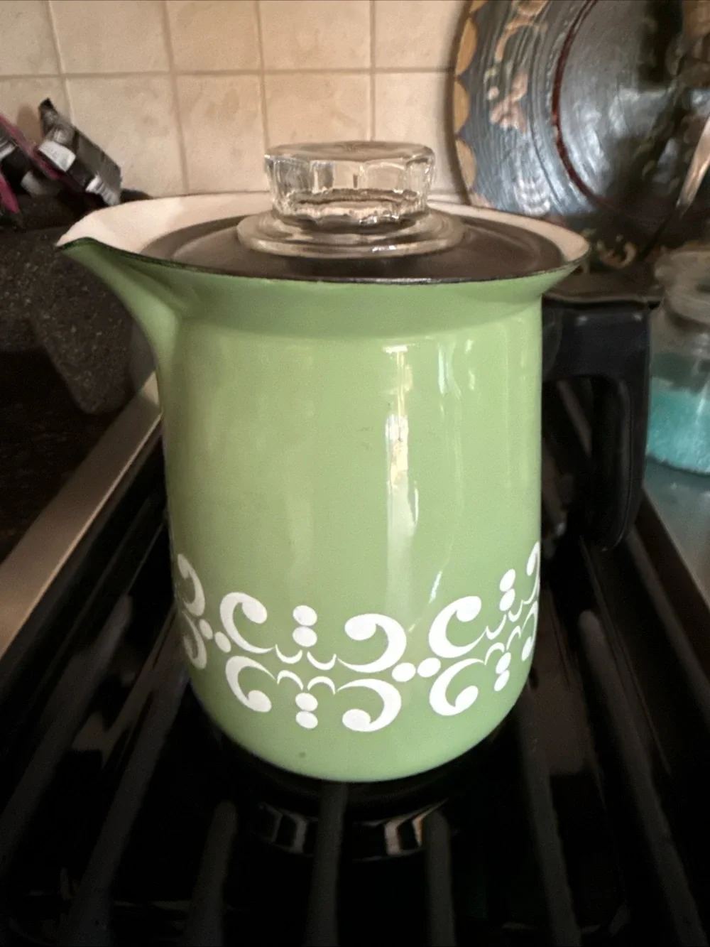 Vintage Green Decorative Enamel coffee pot with Glass Lid